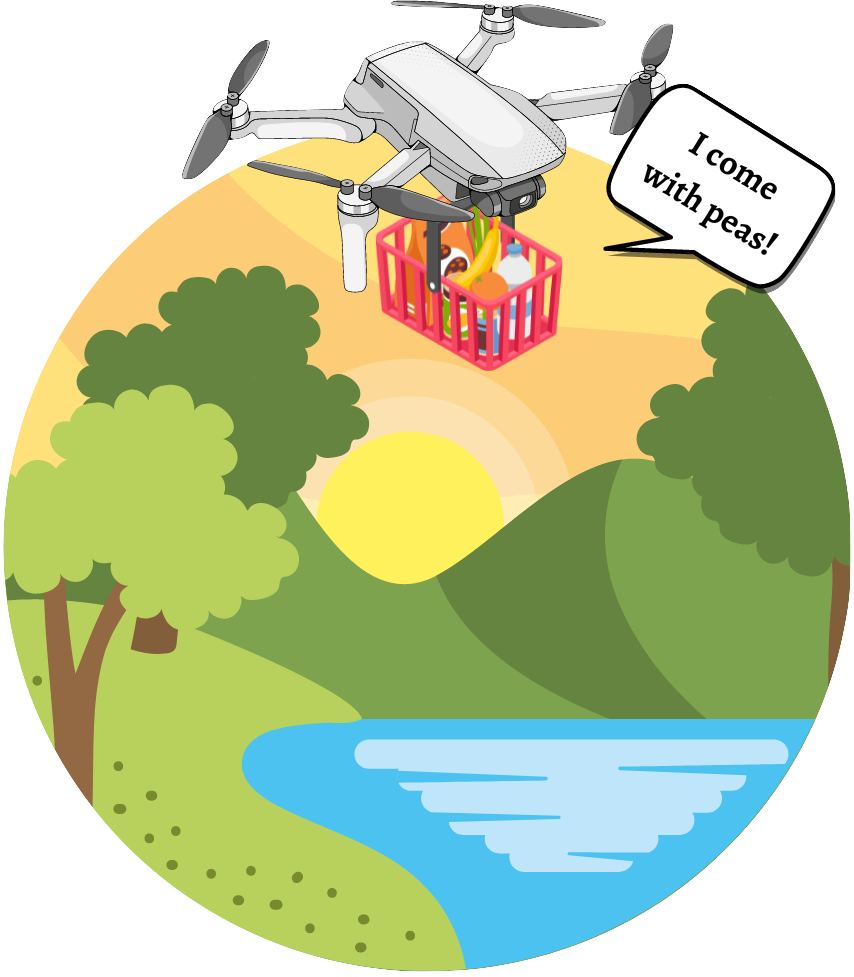 Food delivery drone saying 'I come with peas'.