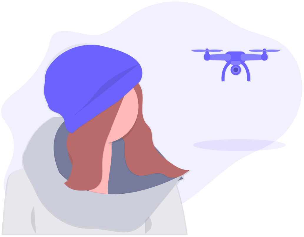 A woman seeing a drone approaching.